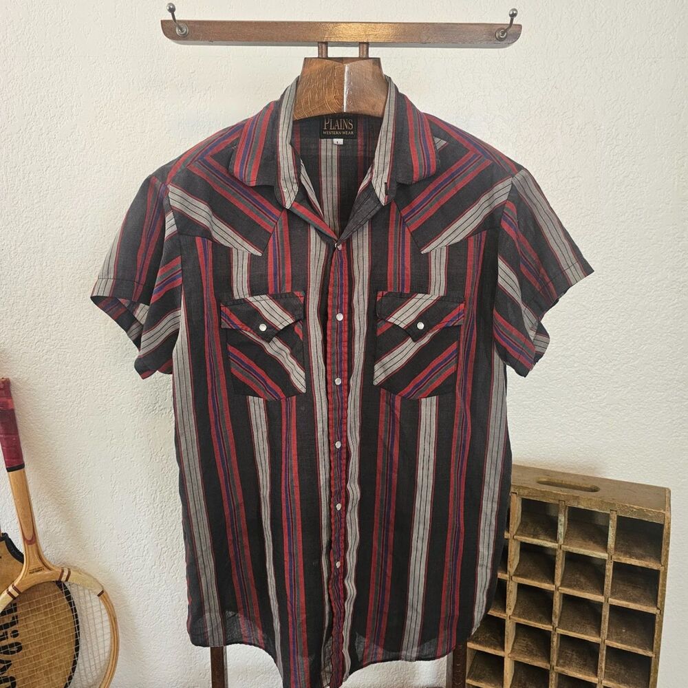 Vintage 80s Plains Western Wear Pearl Snap Shirt Striped Short Sleeve Large
